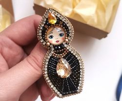 Black Nesting doll jewelry brooch, matryoshka beaded pin, babushka Doll