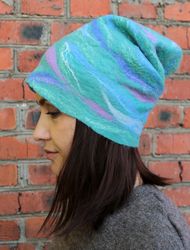 Felt hat MINT WAVE handmade slouchy beanie hat. Winter Accessories. gifts for women. Warm lightweight two way merino woo