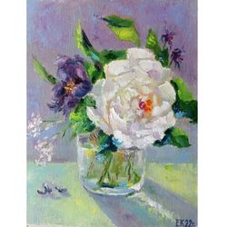 Bouquet with peony | Original oil painting on canvas Floral impasto White flower