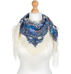 Beautiful authentic Russian Pavlovo Posad woolen shawl with silk fringe, Size 89x89cm/36x36"