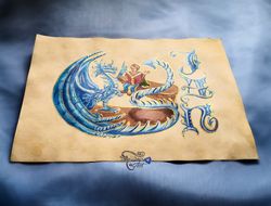 Dragon and Child reading book, one of a kind painting with a Name, Dragonart