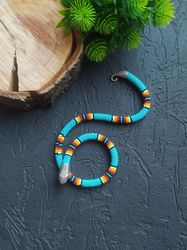 Beaded snake necklace, Blue snake necklace, Snake choker, Witch jewelry, Ouroboros snake jewelry, Halloween necklace
