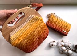 set of 2 crochet bag, wooden clasp bag, crochet cosmetic bag, gradient handbag