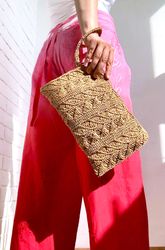 crochet raffia clutch bag, woven wristlet handbag, handmade crochet bag, elegant evning bag