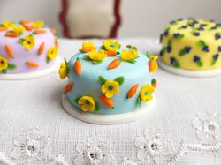 Miniature food for dolls, dollhouse blue cake with carrots and flowers at 1:12 scale