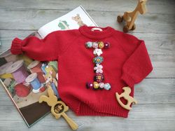 Personalized wool knit sweater with baby's name. Custom winter clothes with flowers embroidery for girls, kids, child