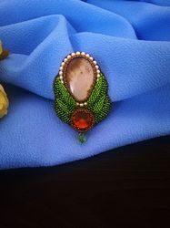 Green Bead Brooch with natural stone opal