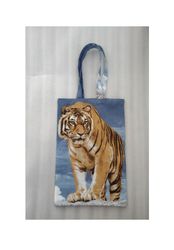Strong reusable blue eco-friendly canvas tote bag with tiger