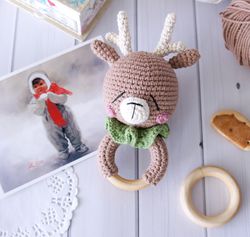 Rattle Deer toy, Baby Rattle, Crochet Stuffed Animal Toy, Baby shower gift idea, Stuffed toys for toddlers
