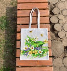 Strong reusable grey tote bag, cotton canvas bag with daffodils
