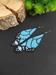 Monarch Butterfly Wing Earrings, Blue Butterfly Earrings, Blue Beaded Fringe Earrings, Butterfly Jewelry