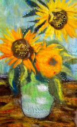 Sunflower,Inspired by van gogh,Handmade wool art,Original felted ,Felt Art Painting,Wool Picture,Modern Embroidery Wall