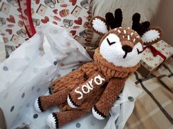 Crochet stuffed animal deer. Personalized plush deer. Deer pajama bag. Crochet animal plush. 1st Birthday Gift.