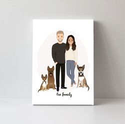 Custom Family Portrait with pet, Christmas gift, Digital illustration