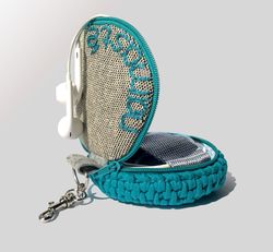 Crochet round coin purse, Earphone cord holder, Keychain, Light blue cable organizer Namaste embroidery, Charger Pouch