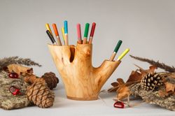 Natural wood desk organizer. Wooden pen holder. Home office decor. Hand carved wood pencil holder. Desk accessories.
