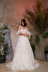 Modern bridal gown. Beads floral bridal dress. Off shoulder dress. Boho wedding