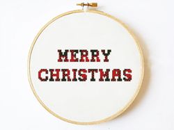 5inch Merry Christmas cross stitch pattern, Holiday decor, Red buffalo cross stitch pattern