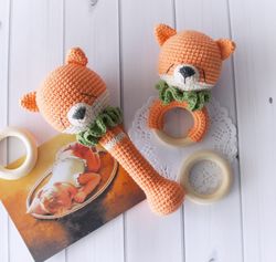 Fox Set of two Baby rattle toy, Baby first stuffed animal, Christening gift, Baby's first Christmas, Cotton baby rattle