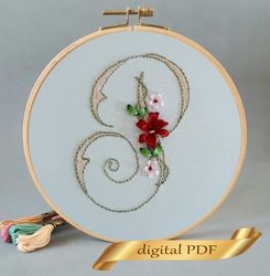 Floral alphabet letter P pdf hand embroidery beginner Flower monogram ribbon embroidery