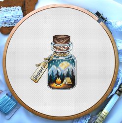 Landscape cross stitch, Mountain and forest in bottle cross stitch, Night sky cross stitch, Camping cross stitch