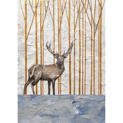 Deer Painting Original Art Wild Animal Artwork Gold Forest Oil Painting on Canvas 14 by 10 Deer Wall Art by AlyonArt