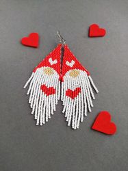 Valentine gnome earrings, Saint Valentine seed bead earrings, Valentines Day Heart Earrings