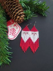 Santa Claus Earrings, Seed Bead Fringe, Christmas Earrings Beaded, Holiday Jewelry