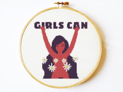 Feminist cross stitch pattern, Girls Can Cross Stitch Pattern Feminist Embroidery Needlecraft Easy Modern