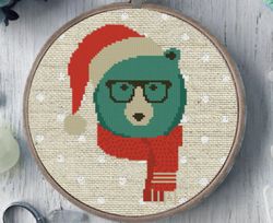 Cross stitch pattern Christmas bear with hat