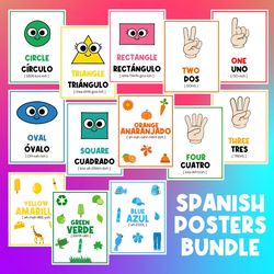 Spanish Posters | Numbers 1 to 10 | Colors | Shapes | Preschool | Classroom Printable | English Spanish  | Espanol
