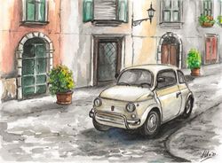 Car painting Watercolor painting Original painting Landscape Italy Cityscape