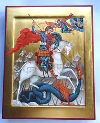 Icon Saint George, St. George the Victorious. Hand painted Original icon on gold leaf. 35x28  cm.