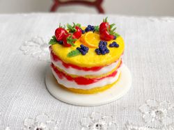 Miniature food for dollhouse, naked cake with oranges and berries at 1:12 scale