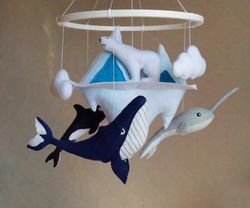 Whales mobile, narwhal and orca whale, crib toy for ocean nursery