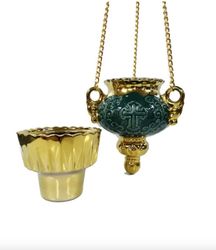 Hanging Vigil Oil Lamp With Chain And Gold Glass - undefined Green With Cup - Handmade Porcelain From Russia