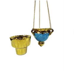 Grape Oil Lamp With Gold Cup - Hanging Vigil Lamp With Chain And Gold Glass - Light Blue Ceramic Grape Oil Lamp -