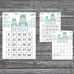Blue Hippo bingo cards,Hippo bingo game,Hippo printable bingo cards,60 Bingo Cards,INSTANT DOWNLOAD--325