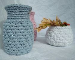 Small sky blue vase for eco-friendly home decor with glass vase inside, crochetet