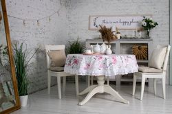 Round Tablecloth with lace , Vintage Floral Print
