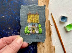 Tiny painting House Original art Miniature artwork Mini wall art 2x3 inch by Rubinova
