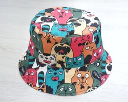 funny cotton hat with animal print. fashion summer bucket hat for women, man and children. cute designer hat. cat print.