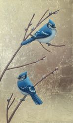 Original painting birds Gold leaf painting Chinese painting Blue jays Minimalism birds Contemporary wall art Birds