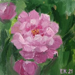 Pink peony | Original oil painting Floral impasto Green flowers Abstract Wallart Art work