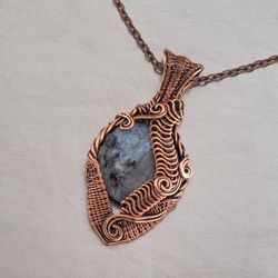 Large wire wrapped larvikite pendant necklace for woman / 7th or 22nd Anniversary gift idea / Powerful positive energy