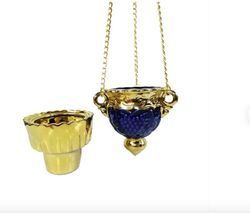 Grape Oil Lamp With Gold Cup - Hanging Vigil Lamp With Chain And Gold Glass - Blue Ceramic Vine Oil Lamp - Porcelain