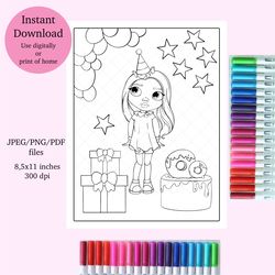 Bright birthday doll coloring page, digital download coloring page, all ages coloring page, party doll coloring sheet