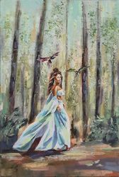 Landscape Painting Woman Original Art Forest Oil Painting Tree Artwork Canvas Wall Art