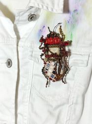 Embroidered beetle brooch with vintage glass element and 3D branches