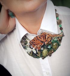 Embroidered necklace Tiger at the watering hole, with natural stones
